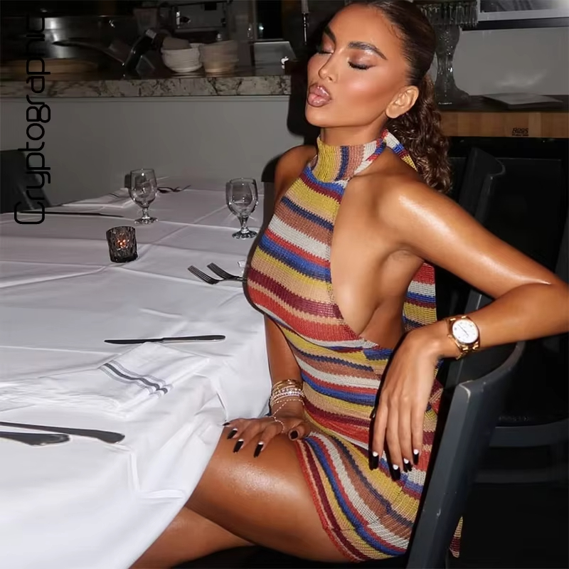 Striped Knit Halter Mini Dress - Y2K Backless Halter Mini Dress review and price