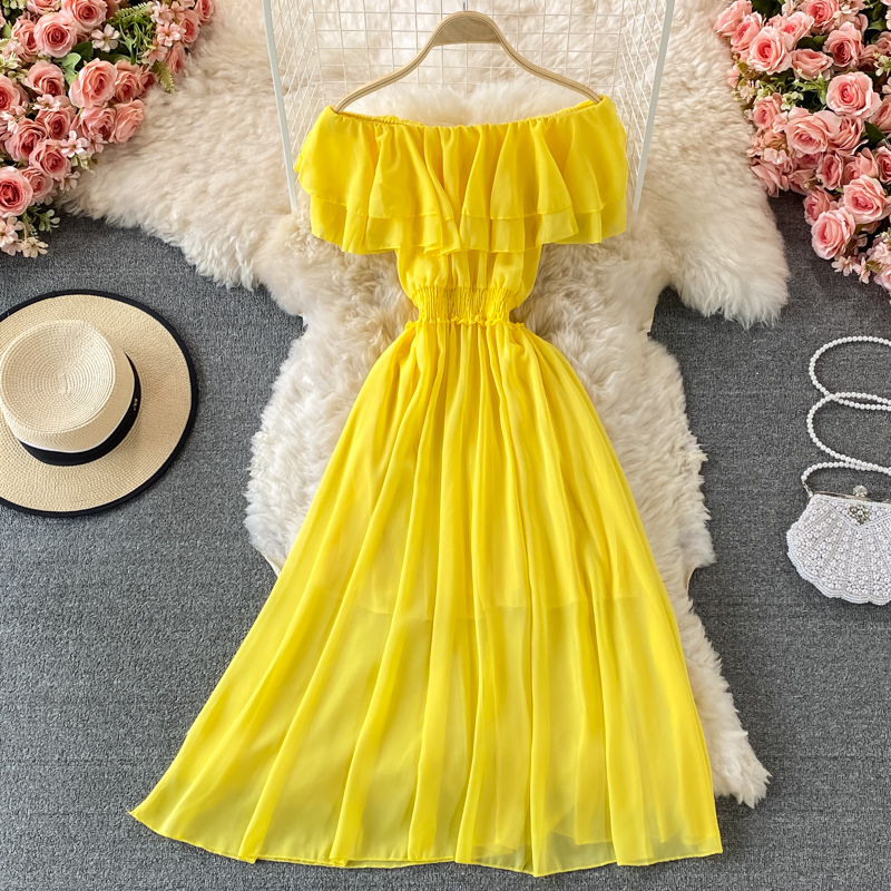 Yellow Solid Women's Beach Dre - Off Shoulder Puff Sleeve Sundress review and price