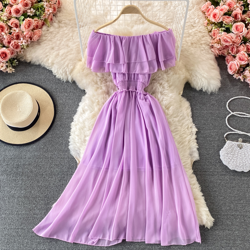 Yellow Solid Women's Beach Dre - Off Shoulder Puff Sleeve Sundress review and price