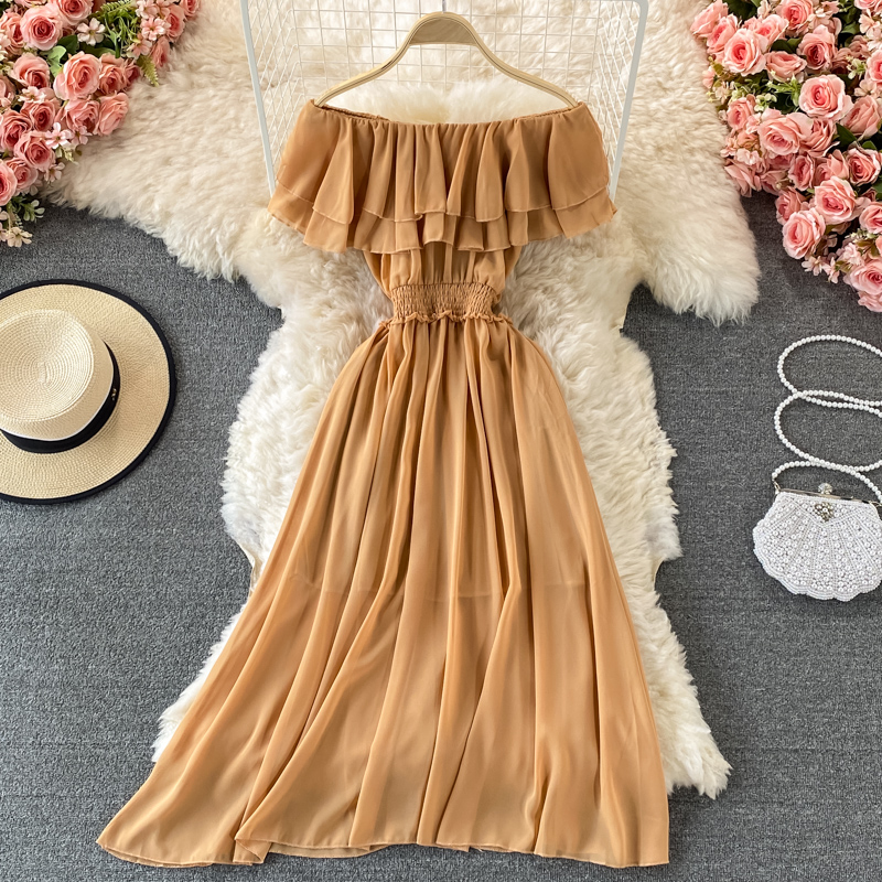 Yellow Solid Women's Beach Dre - Off Shoulder Puff Sleeve Sundress review and price