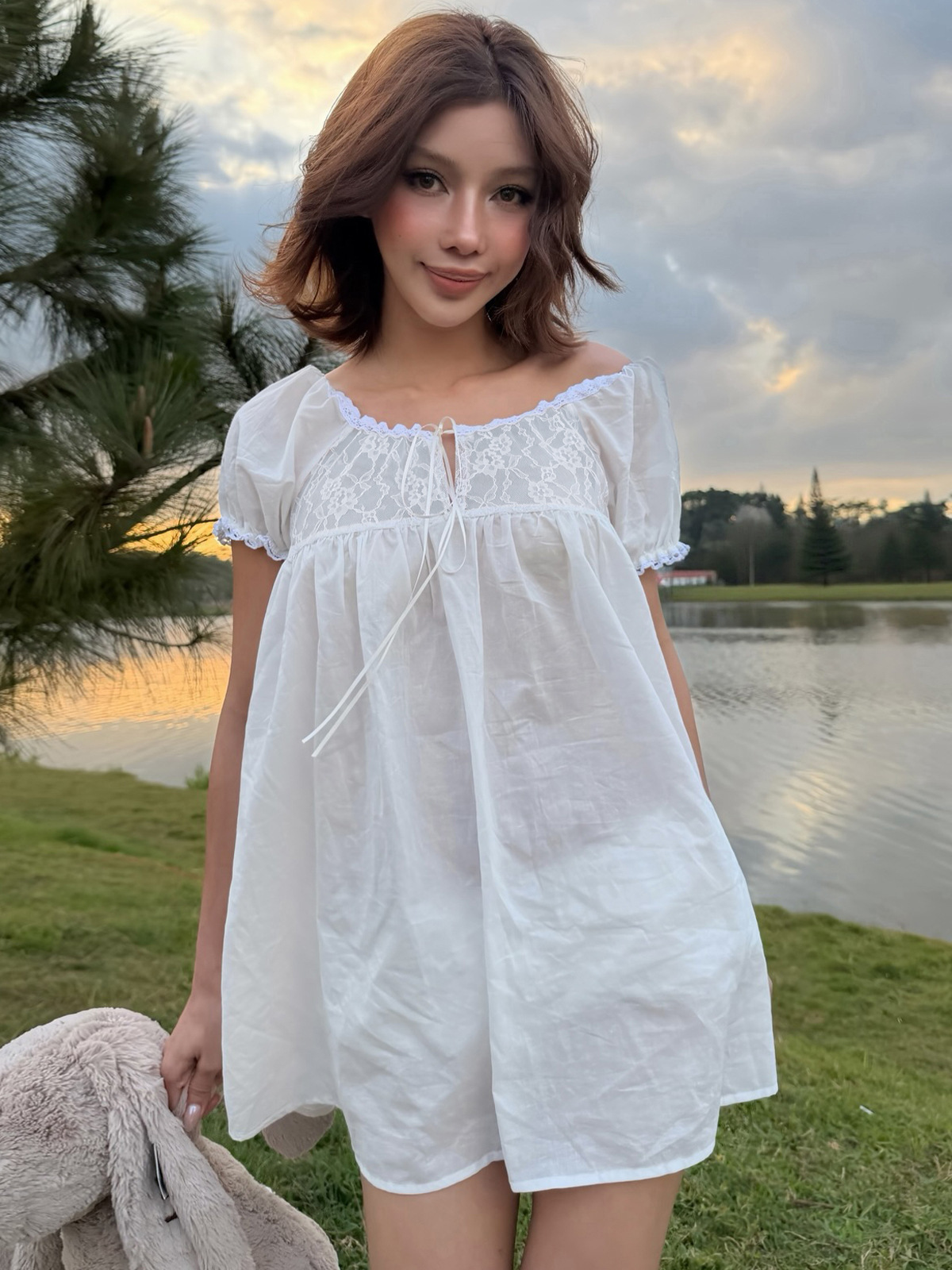 White Off Shoulder Lace Babydo - Off Shoulder Puff Sleeve Sundress review and price