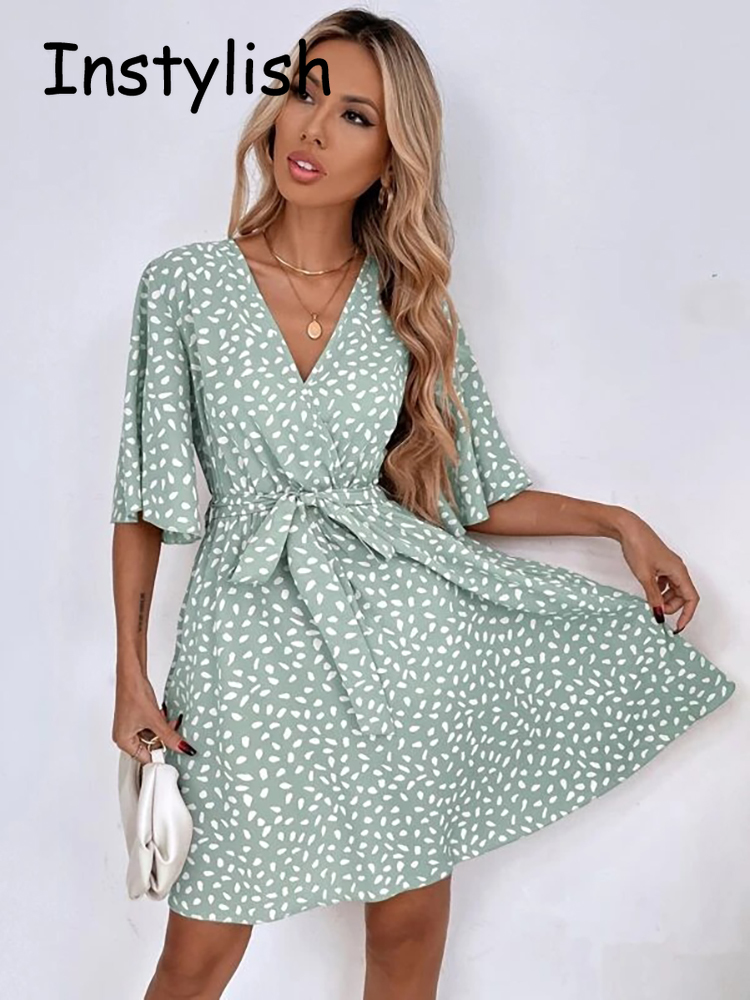 Casual Dot Print Mini Dress wi - French Vintage Floral Midi Dress review and price