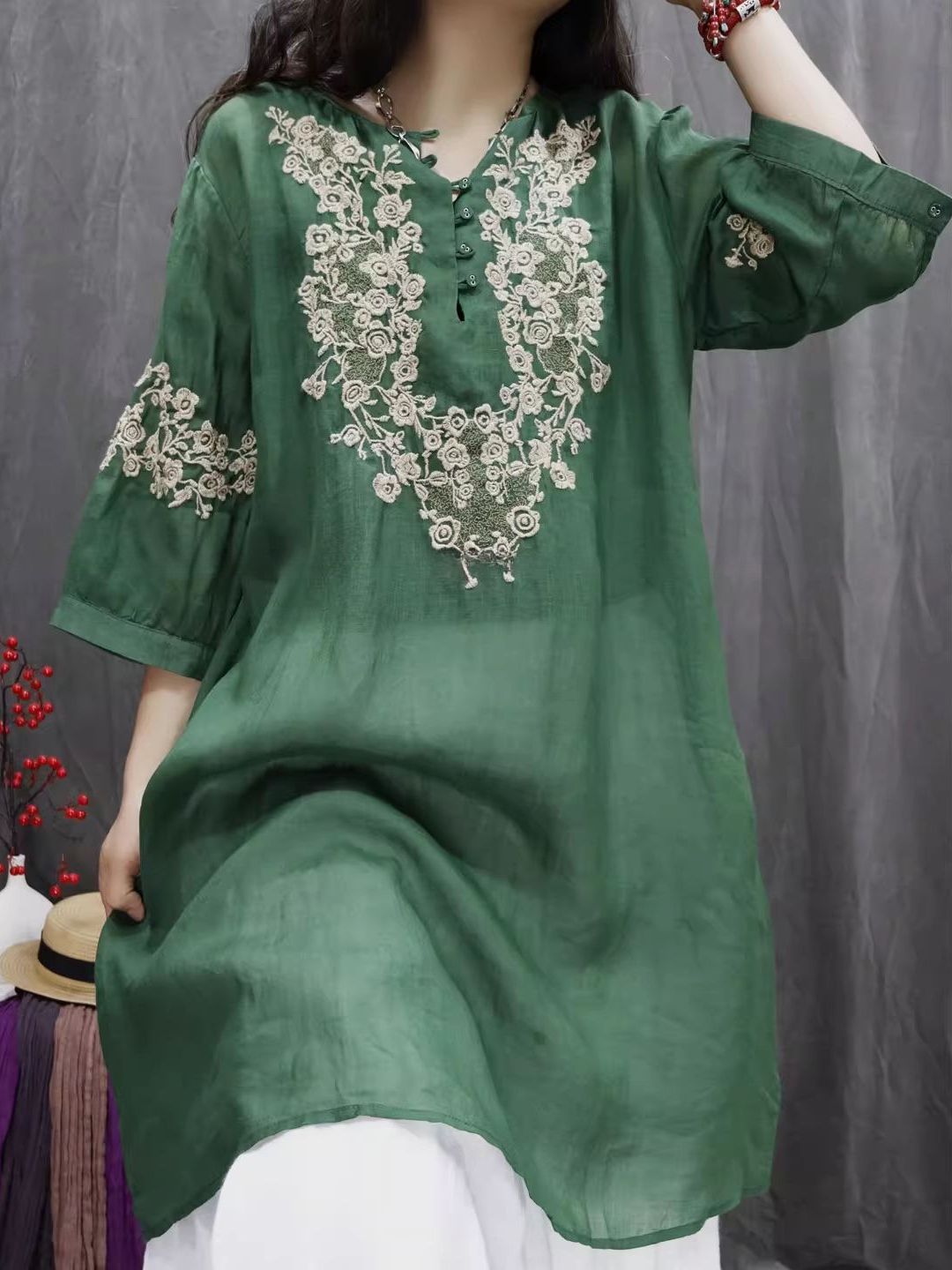 Retro Cotton Linen Embroidered - Casual Loose Linen Shirt Dress review and price