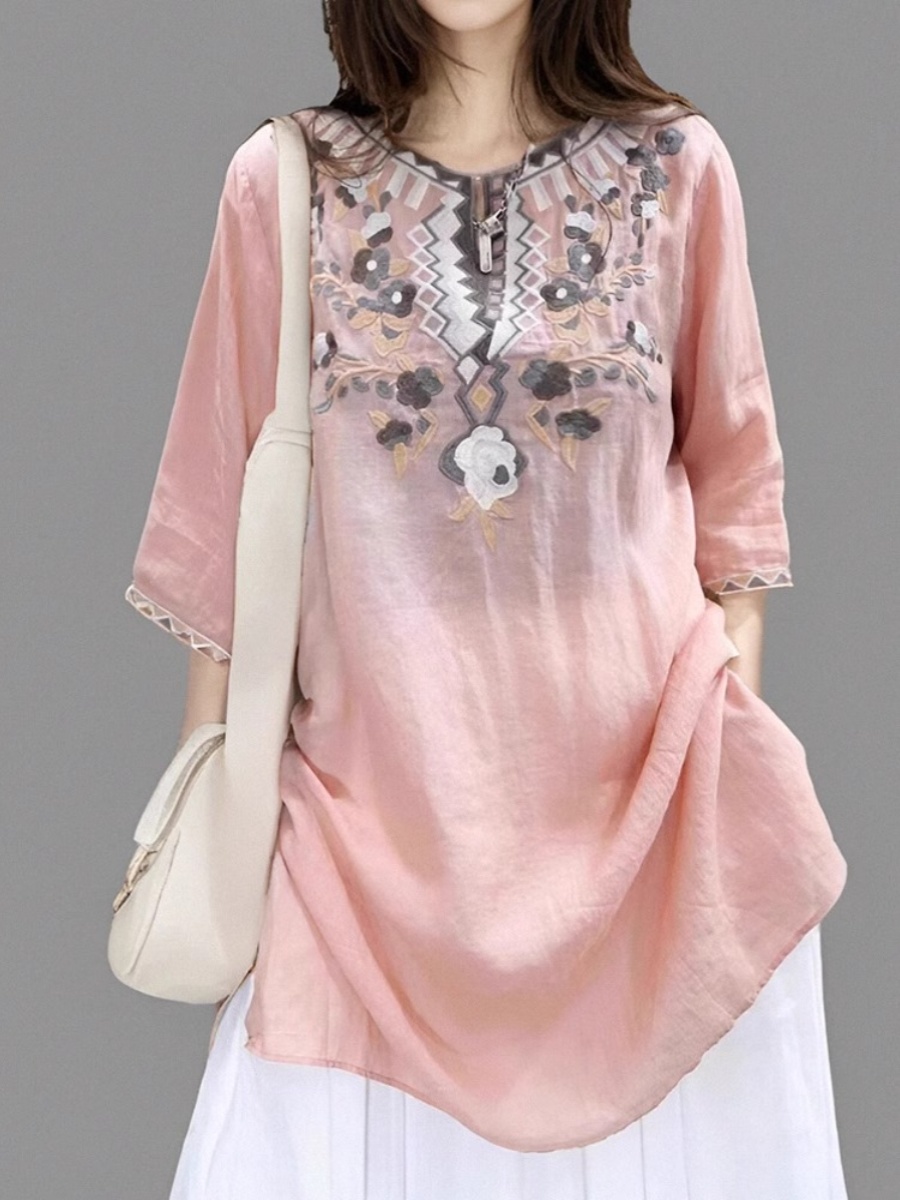Elegant Embroidered Linen Shir - Casual Loose Linen Shirt Dress review and price