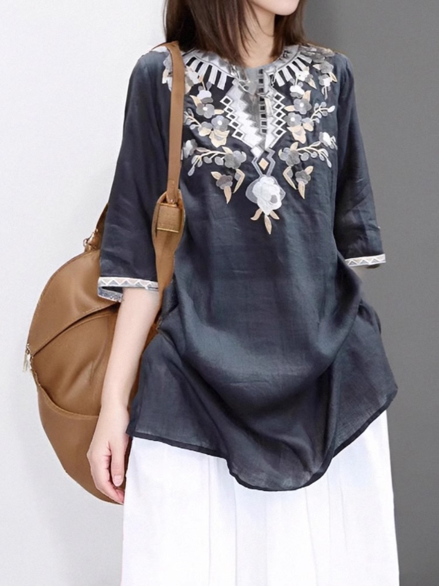 Elegant Embroidered Linen Shir - Casual Loose Linen Shirt Dress review and price