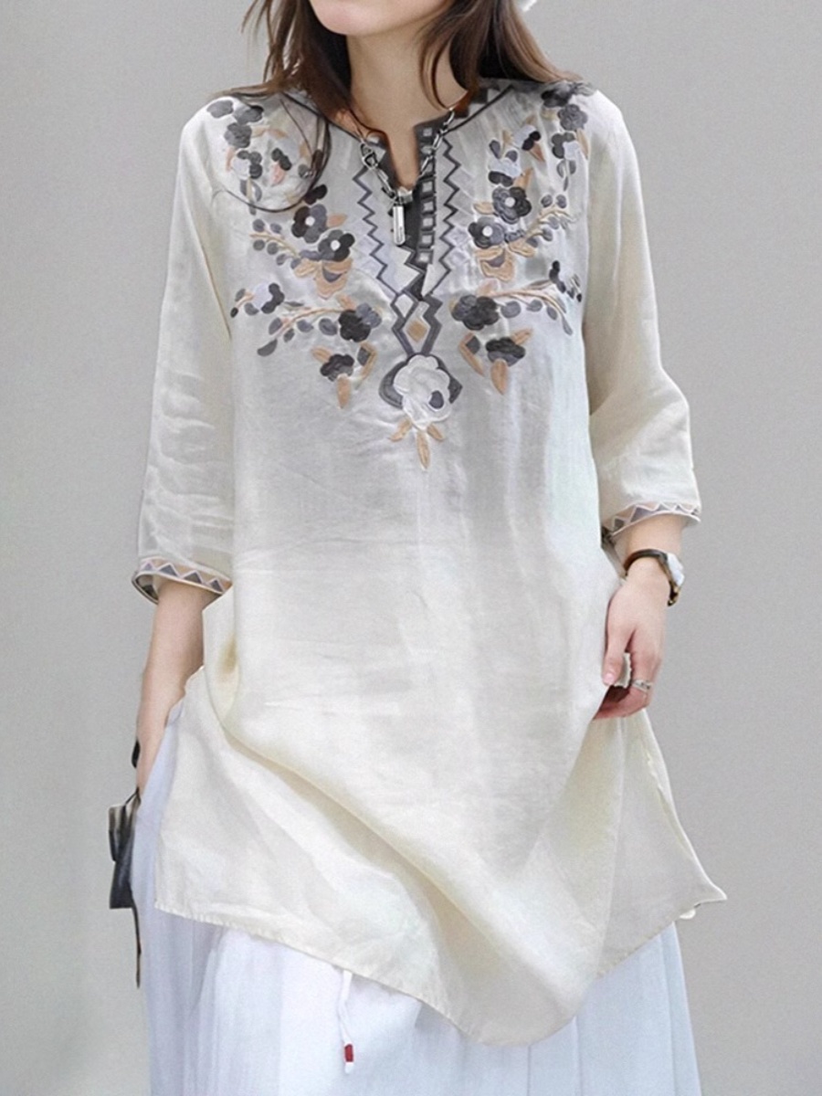 Elegant Embroidered Linen Shir - Casual Loose Linen Shirt Dress review and price