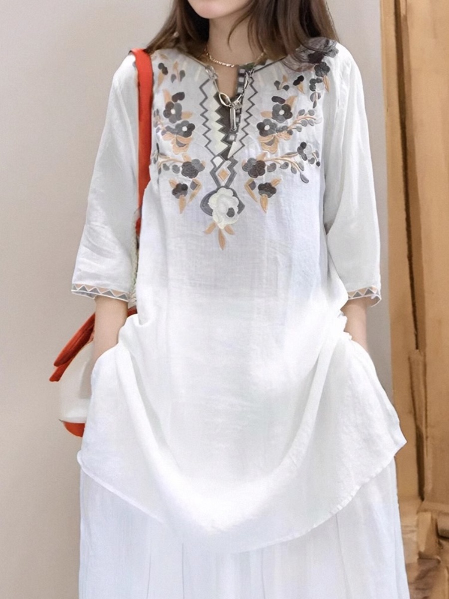 Elegant Embroidered Linen Shir - Casual Loose Linen Shirt Dress review and price