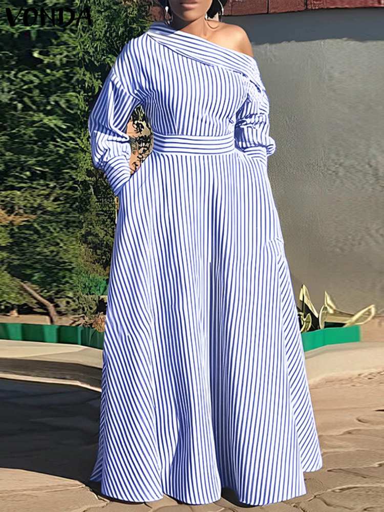 VONDA 2024 Women Elegant Strip - Off Shoulder Puff Sleeve Sundress review and price