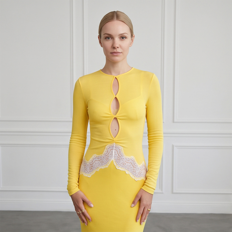 Women Yellow Lace Cutout Long  - Bodycon Long Sleeve Ribbed Dress review and price