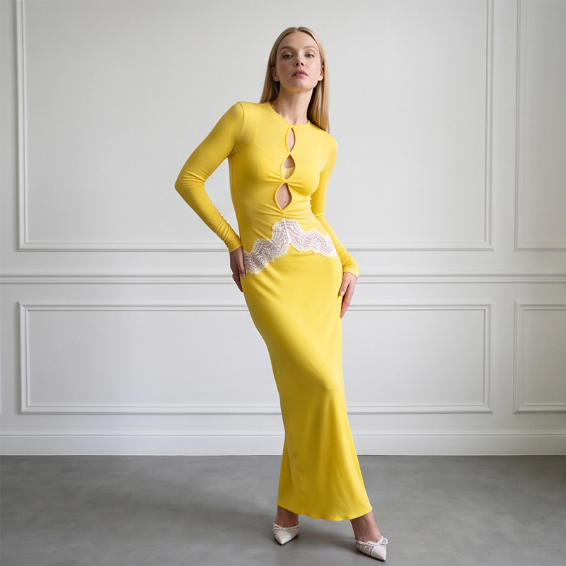 Women Yellow Lace Cutout Long  - Bodycon Long Sleeve Ribbed Dress review and price
