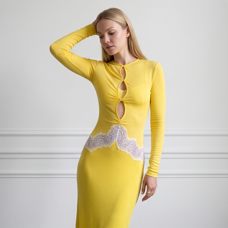 Women Yellow Lace Cutout Long  - Bodycon Long Sleeve Ribbed Dress review and price