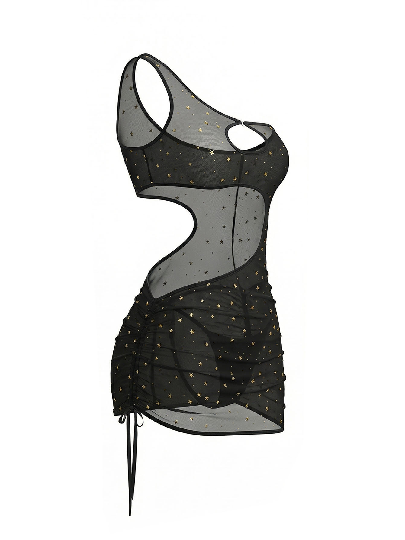 Black One‑Shoulder Star Print  - Sexy Mesh Sheer Bodycon Dress review and price