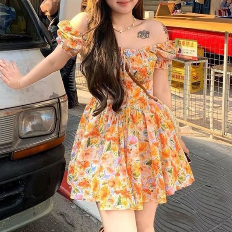 Womens Orange Floral Print Off - Off Shoulder Puff Sleeve Sundress review and price