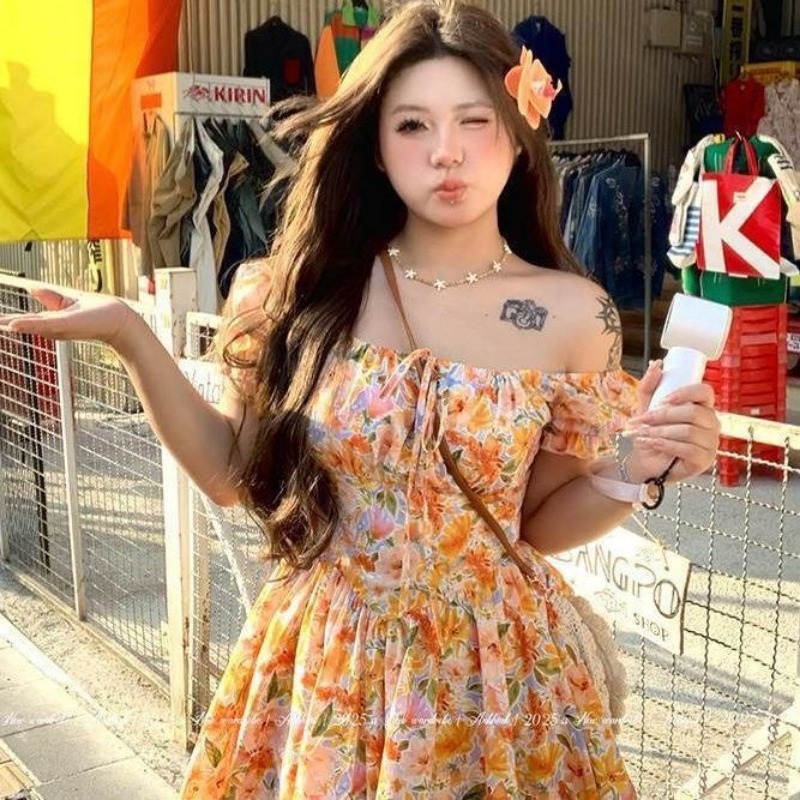 Womens Orange Floral Print Off - Off Shoulder Puff Sleeve Sundress review and price