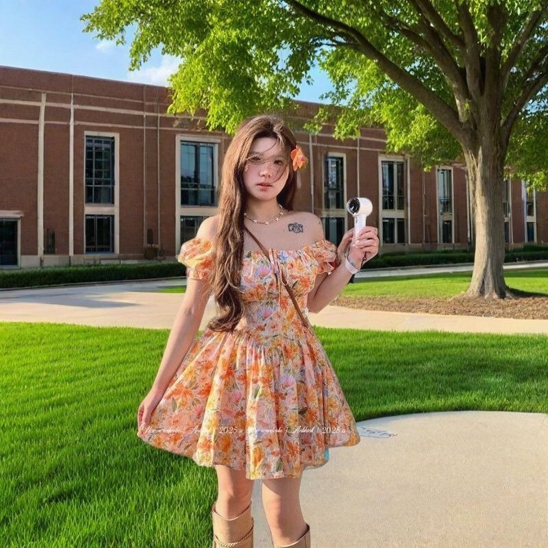 Womens Orange Floral Print Off - Off Shoulder Puff Sleeve Sundress review and price