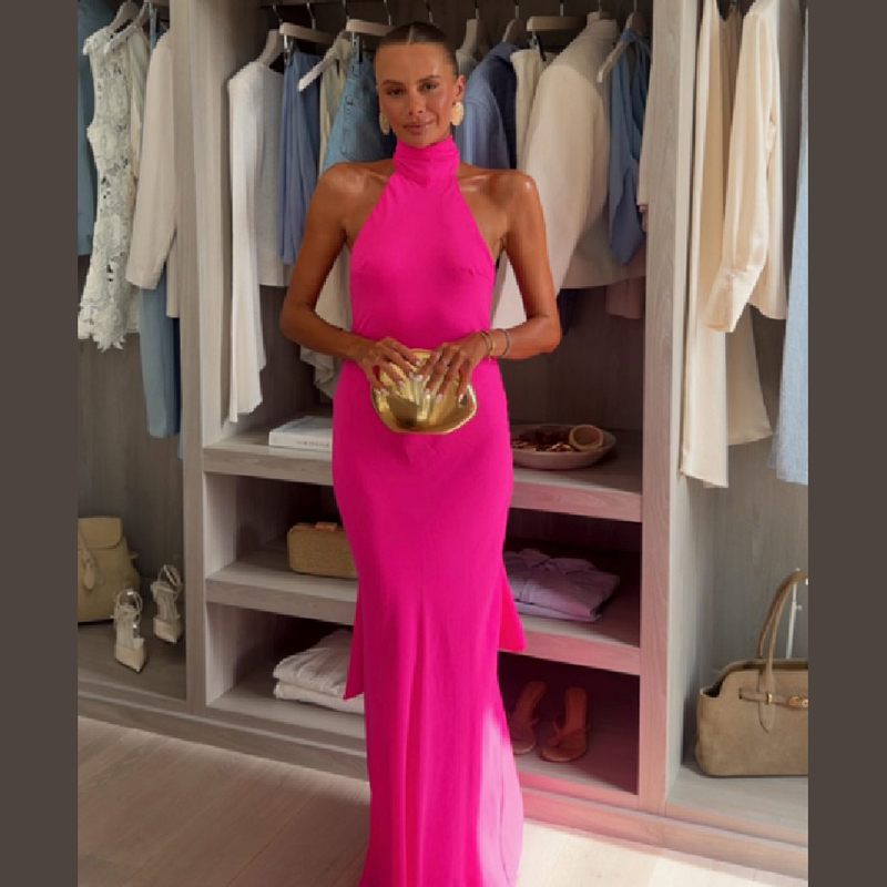 Women Halter Satin Maxi Dress  - Elegant Satin Evening Gown Split review and price