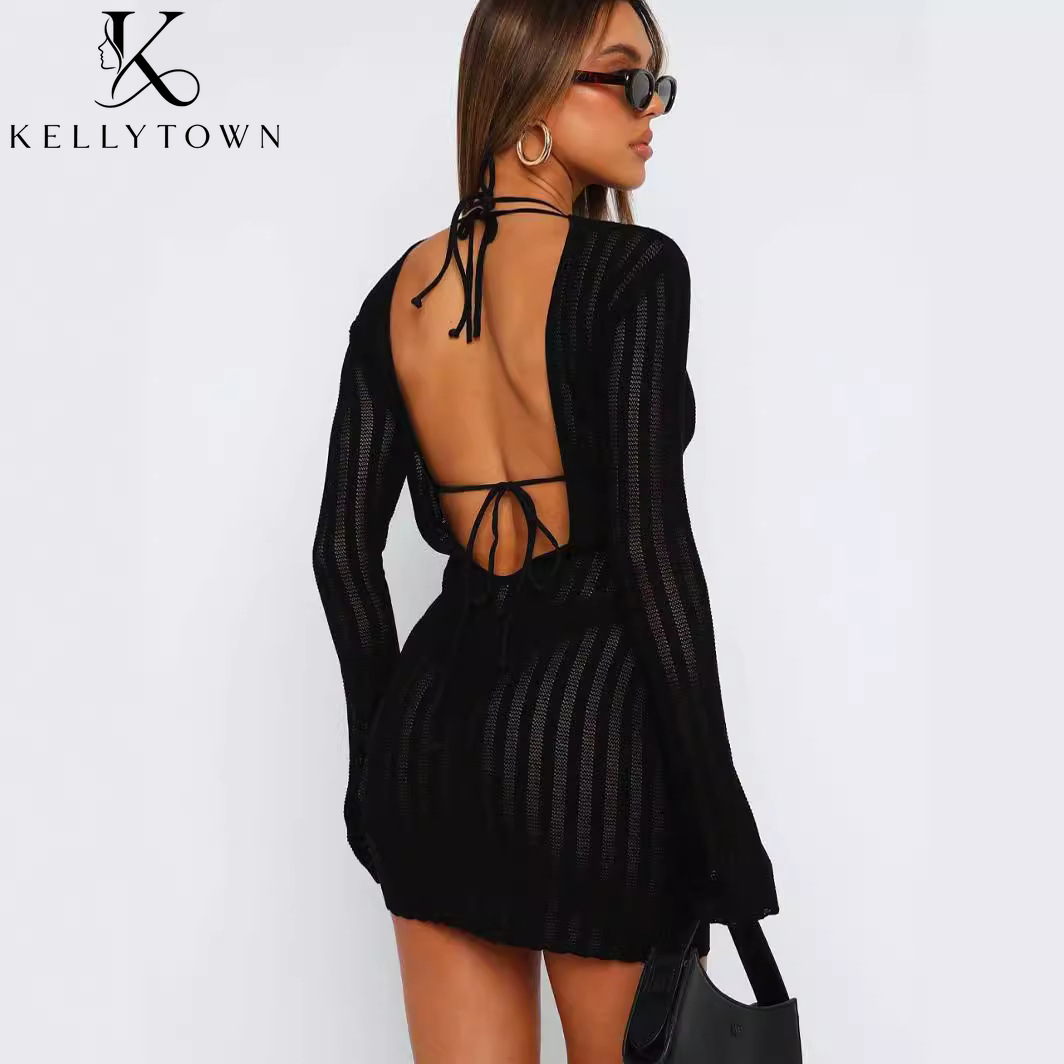 Backless Dress Sexy Rib Knit M - Bodycon Long Sleeve Ribbed Dress review and price