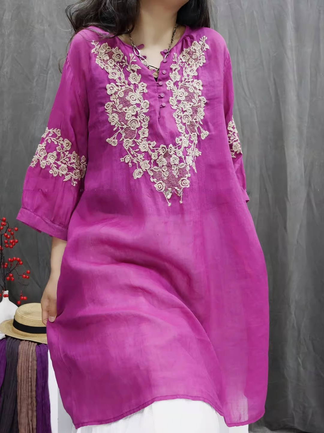 Retro Cotton Linen Embroidered - Casual Loose Linen Shirt Dress review and price