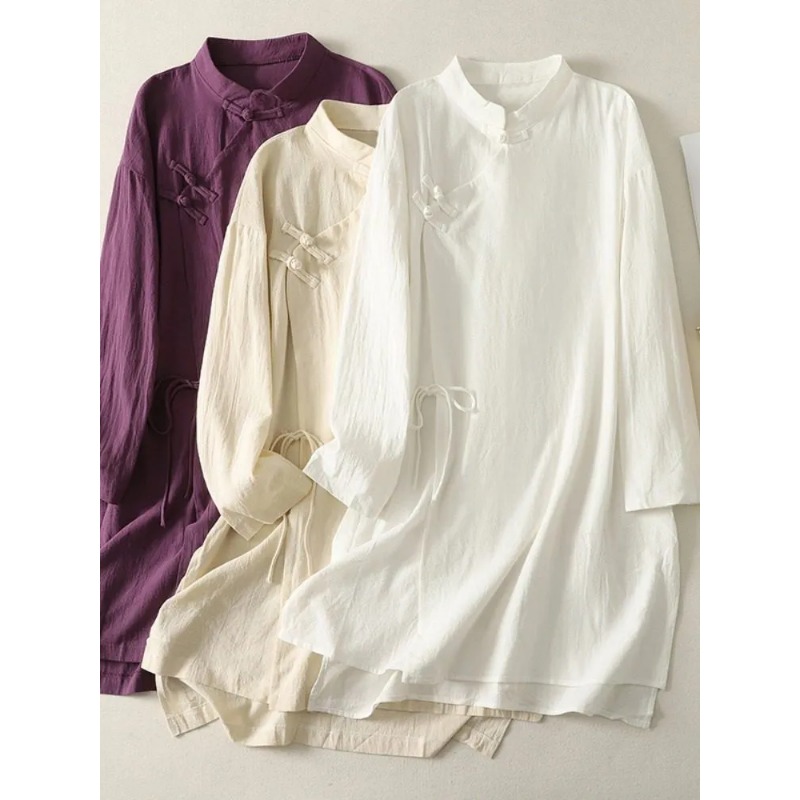 Women's Chinese Style Frog But - Casual Loose Linen Shirt Dress review and price