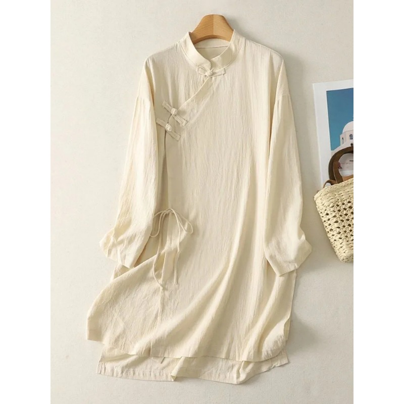Women's Chinese Style Frog But - Casual Loose Linen Shirt Dress review and price