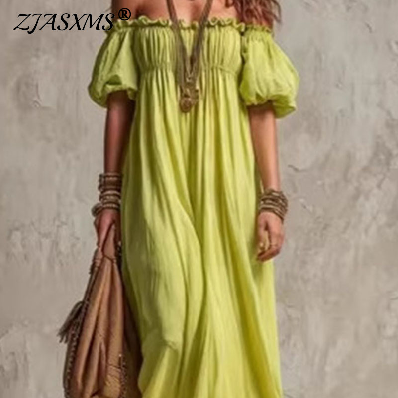 Women Elastic Waist Casual Vac - Off Shoulder Puff Sleeve Sundress review and price