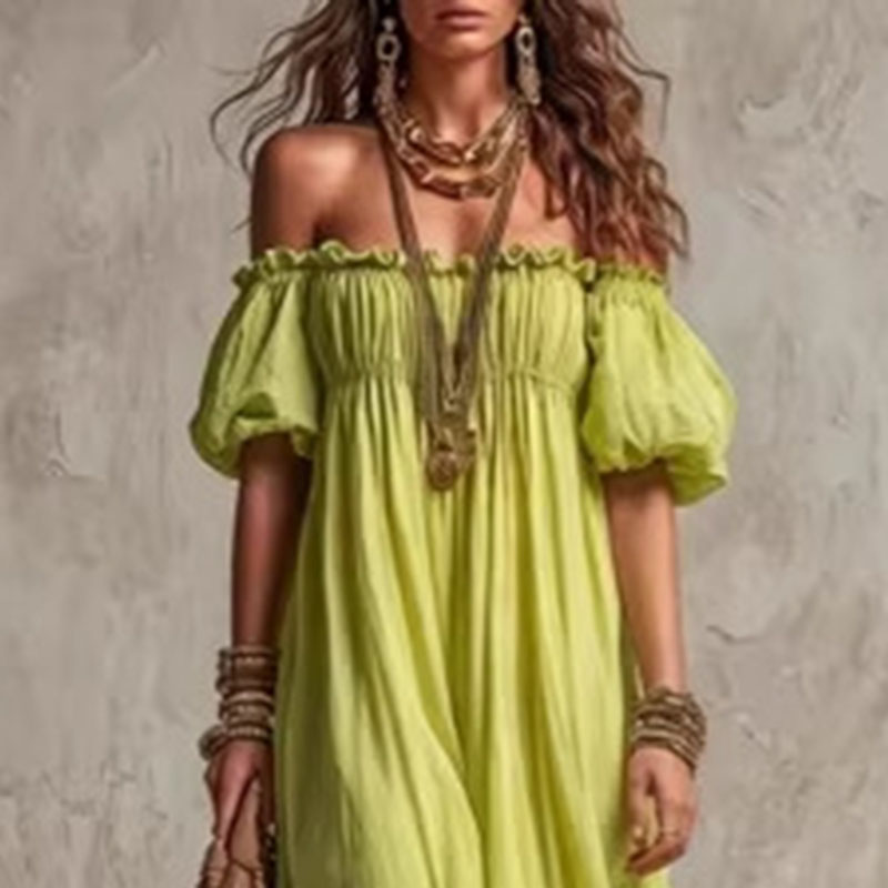 Women Elastic Waist Casual Vac - Off Shoulder Puff Sleeve Sundress review and price