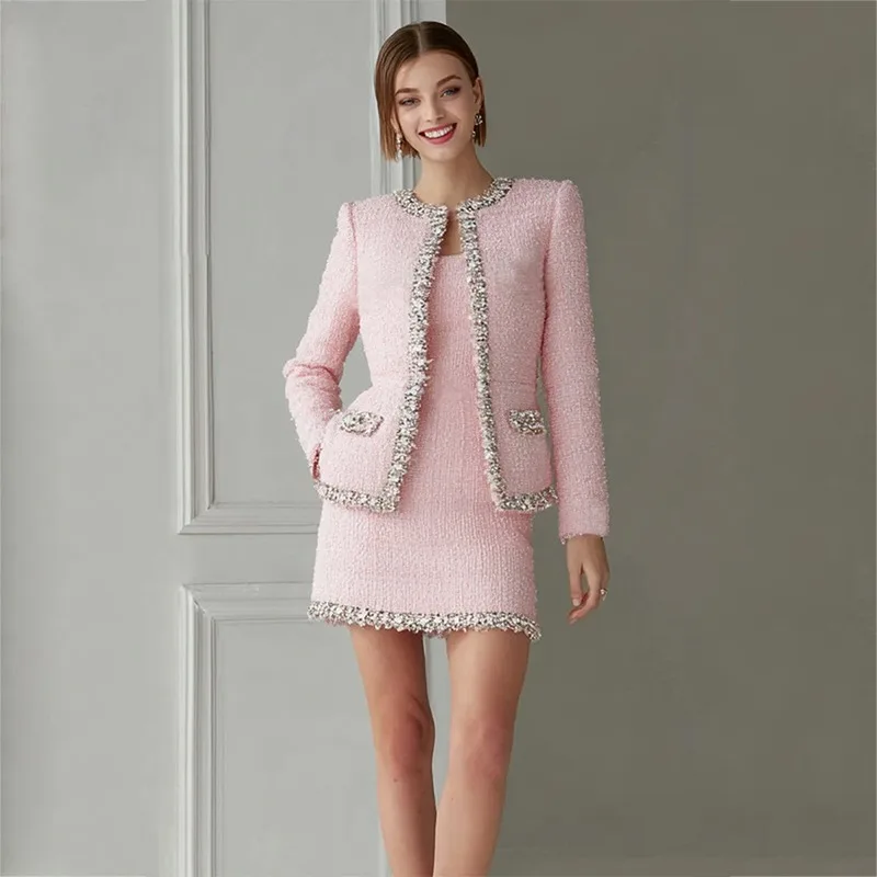 Premium Pink Tweed Women Two-P - Tweed Two Piece Blazer Dress review and price