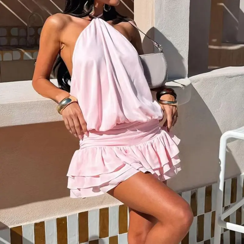 Bandage Solid Elegant Halter B - Y2K Backless Halter Mini Dress review and price