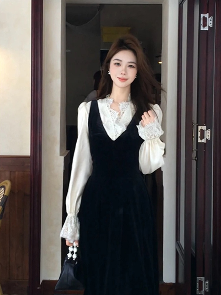 XZY Chic Lace Patchwork Silk S - Korean Style A Line Shirt Dress review and price