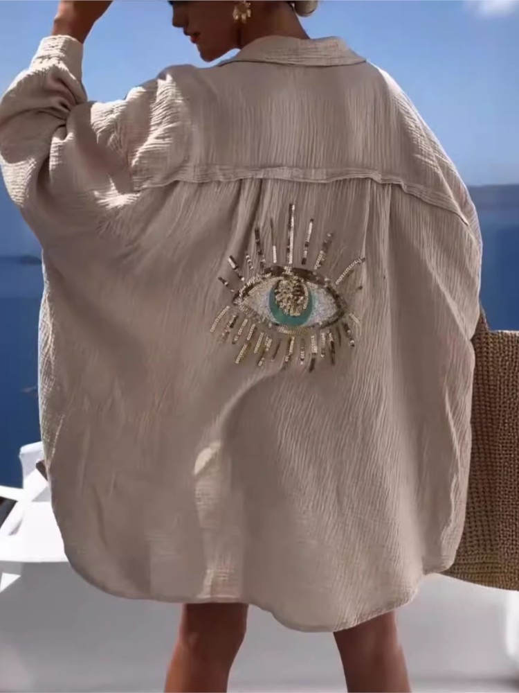 Summer Casual Sequin Eye Shirt - Casual Loose Linen Shirt Dress review and price