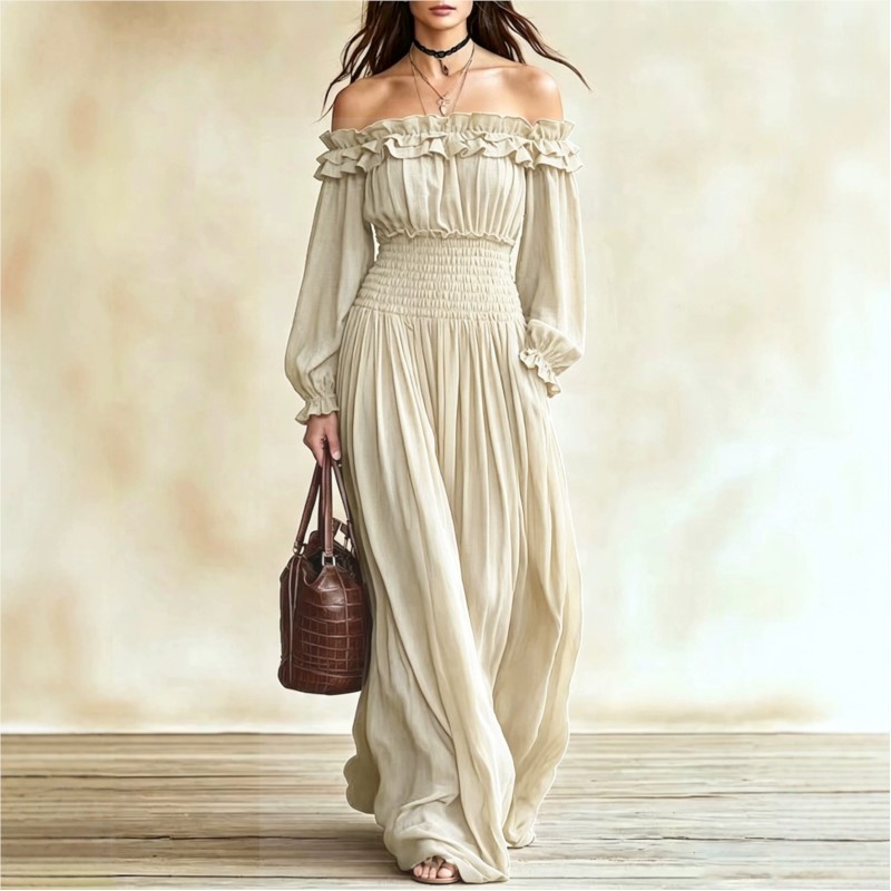 Women Off‑Shoulder Ruffle Maxi - Off Shoulder Puff Sleeve Sundress review and price