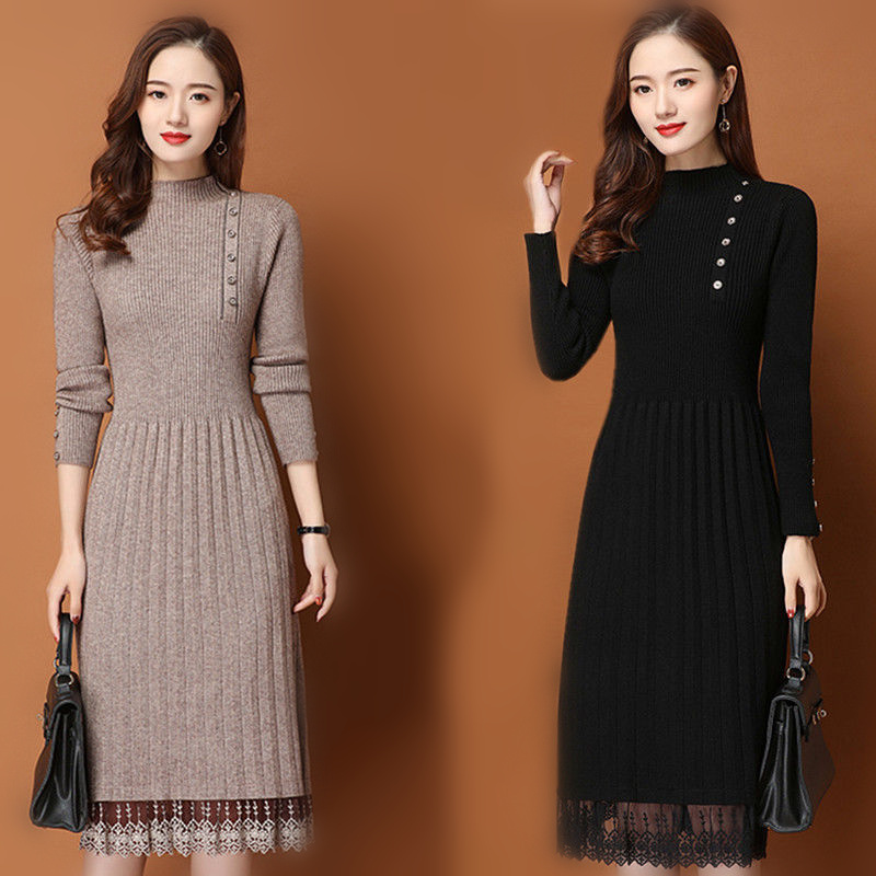 Lace Hem Buttons Women Autumn  - Bodycon Long Sleeve Ribbed Dress review and price