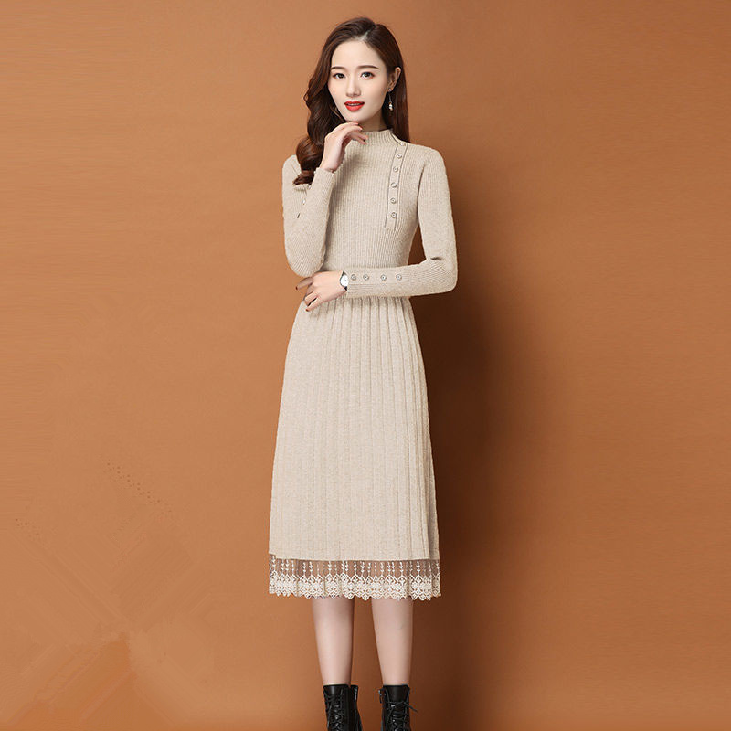 Lace Hem Buttons Women Autumn  - Bodycon Long Sleeve Ribbed Dress review and price