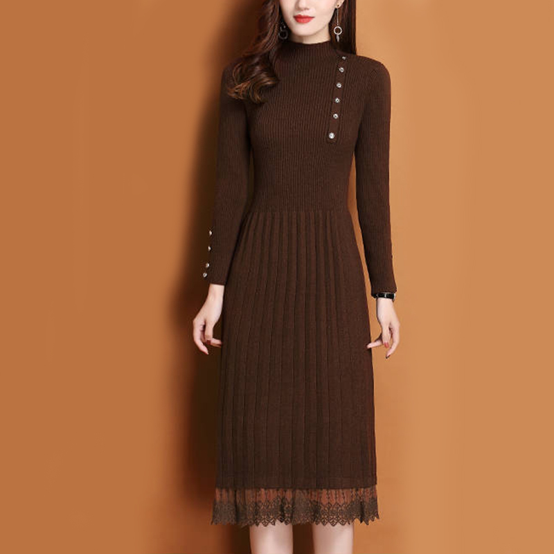 Lace Hem Buttons Women Autumn  - Bodycon Long Sleeve Ribbed Dress review and price