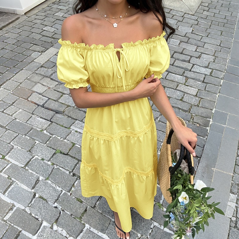 Summer Bohemian Women Yellow O - Off Shoulder Puff Sleeve Sundress review and price