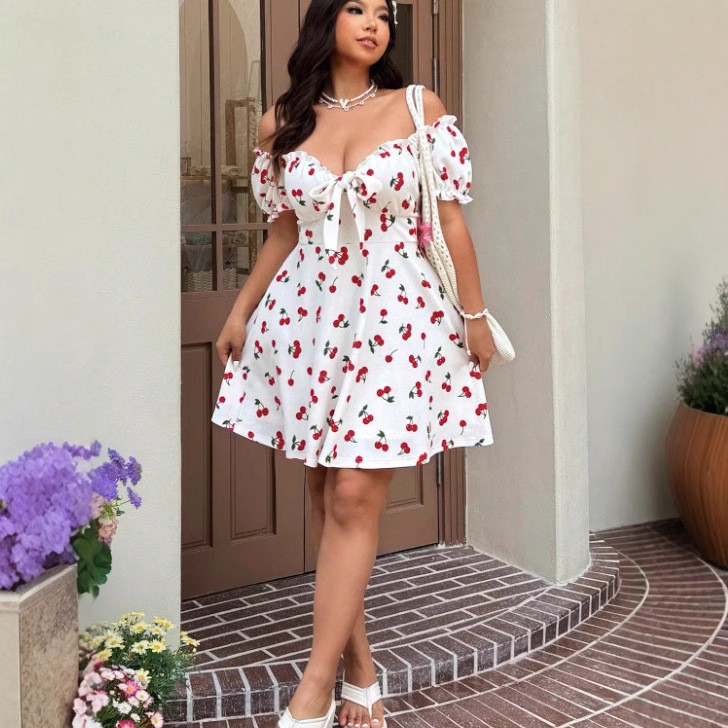 Summer Woman Dress Floral Prin - Off Shoulder Puff Sleeve Sundress review and price