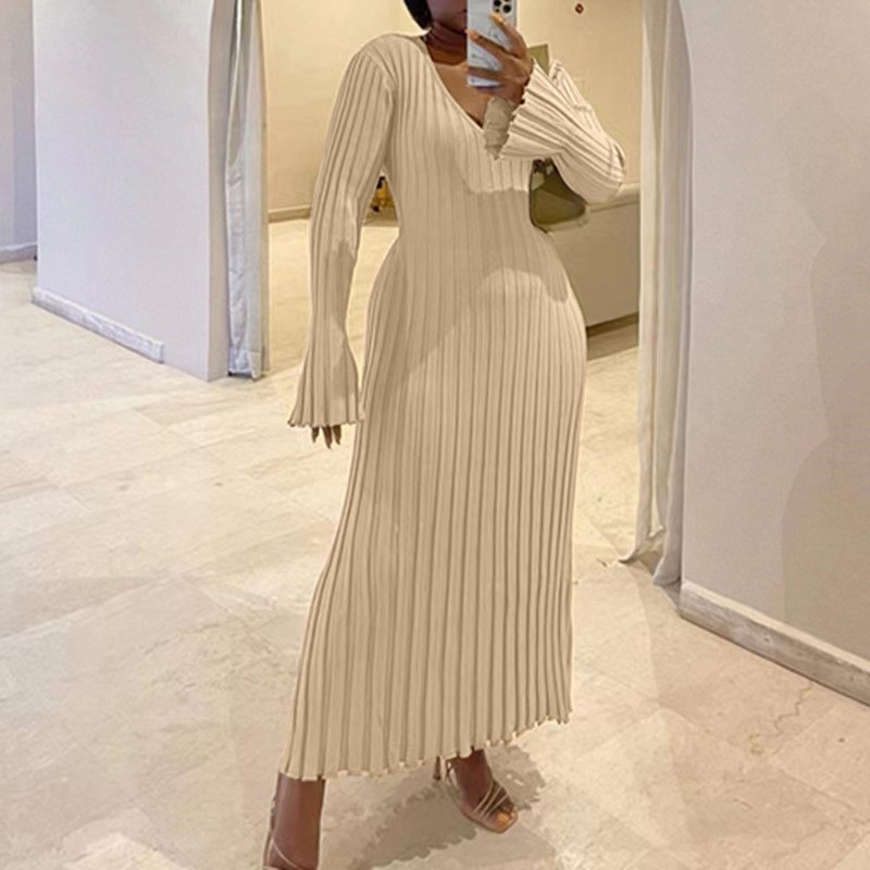 Woman's Autumn V-Neck Knit Ski - Bodycon Long Sleeve Ribbed Dress review and price