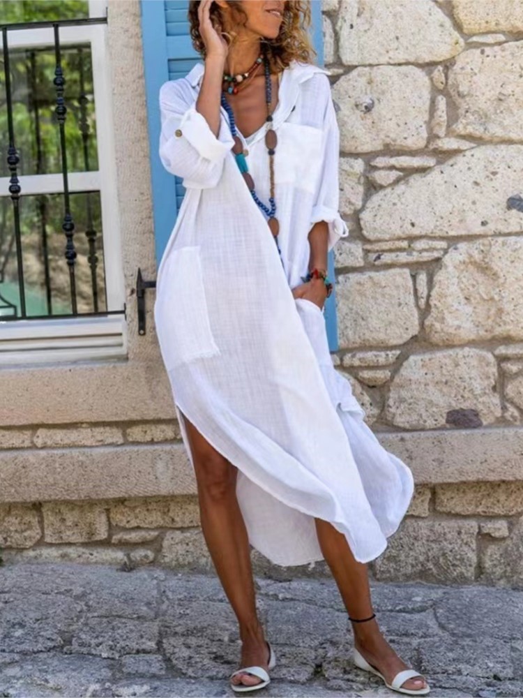 White Women's Shirt Dress Soli - Casual Loose Linen Shirt Dress review and price