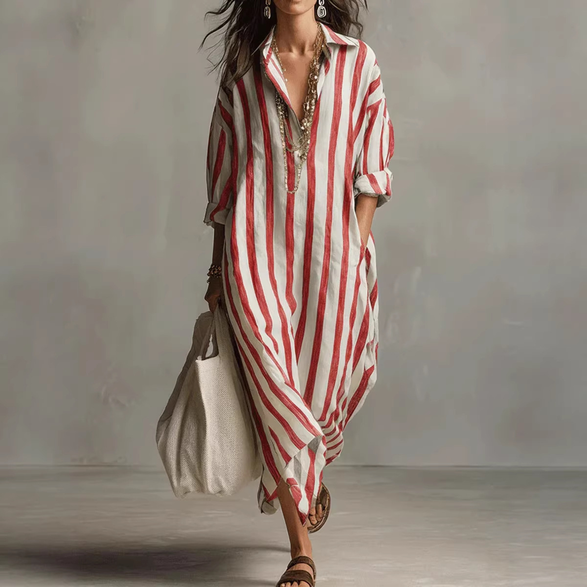 Summer Elegant Turn Down Colla - Casual Loose Linen Shirt Dress review and price