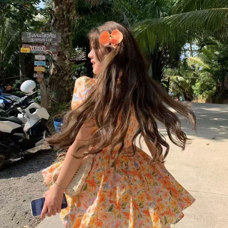 Hotsale Orange Floral Print Of - Off Shoulder Puff Sleeve Sundress review and price